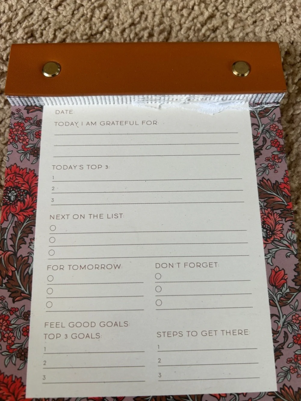 Anthropologie Floral Planner Notepad with Brown Top Binding